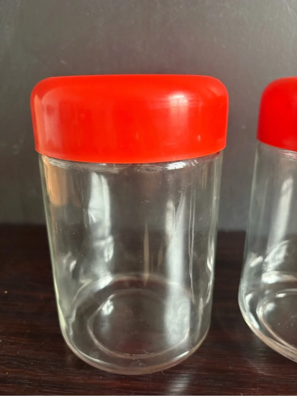 Massimo Vignelli Set of 2 Vintage Orange Glass Canisters.